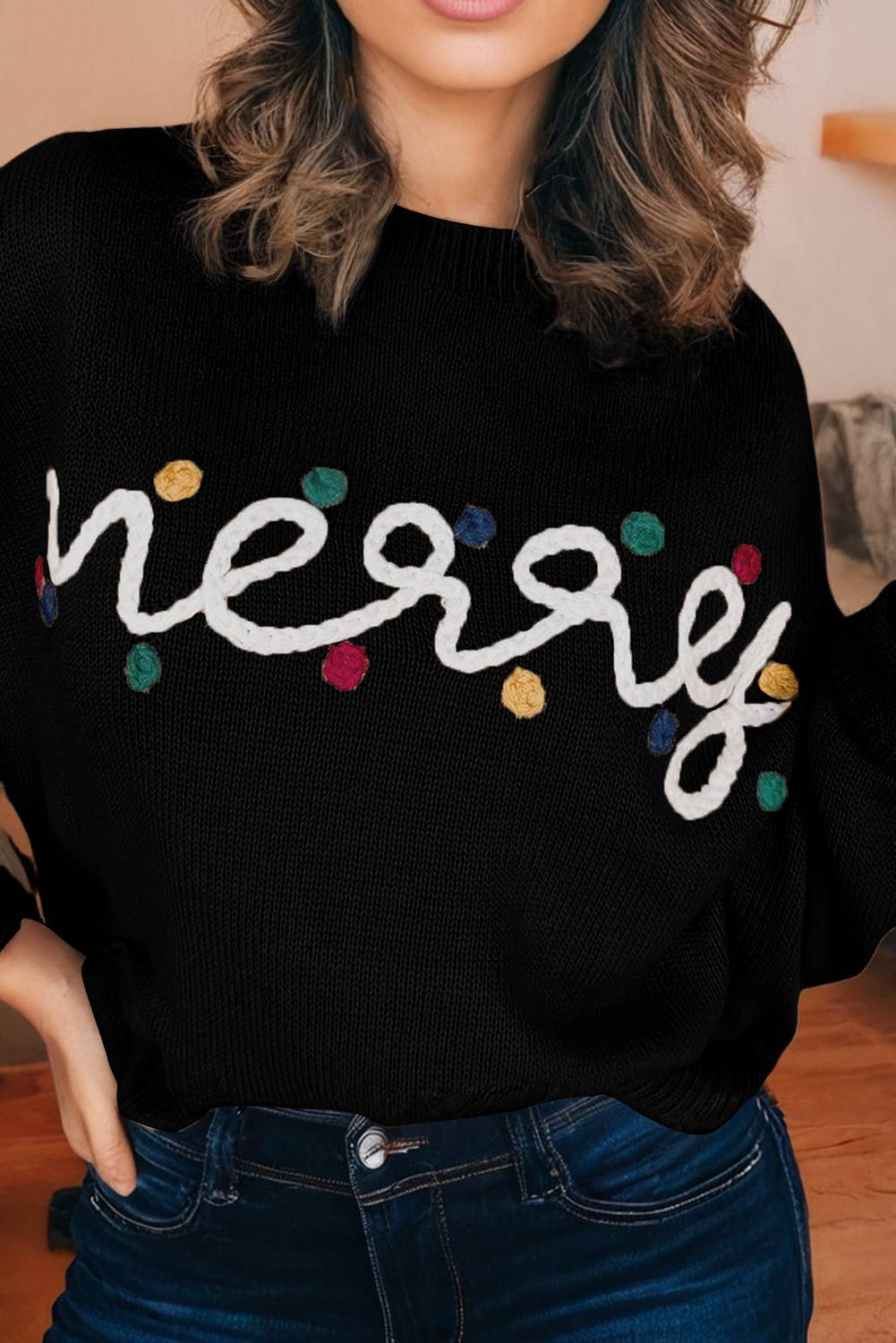 Merry Colorful Dot Detail Christmas Dolman Sweater