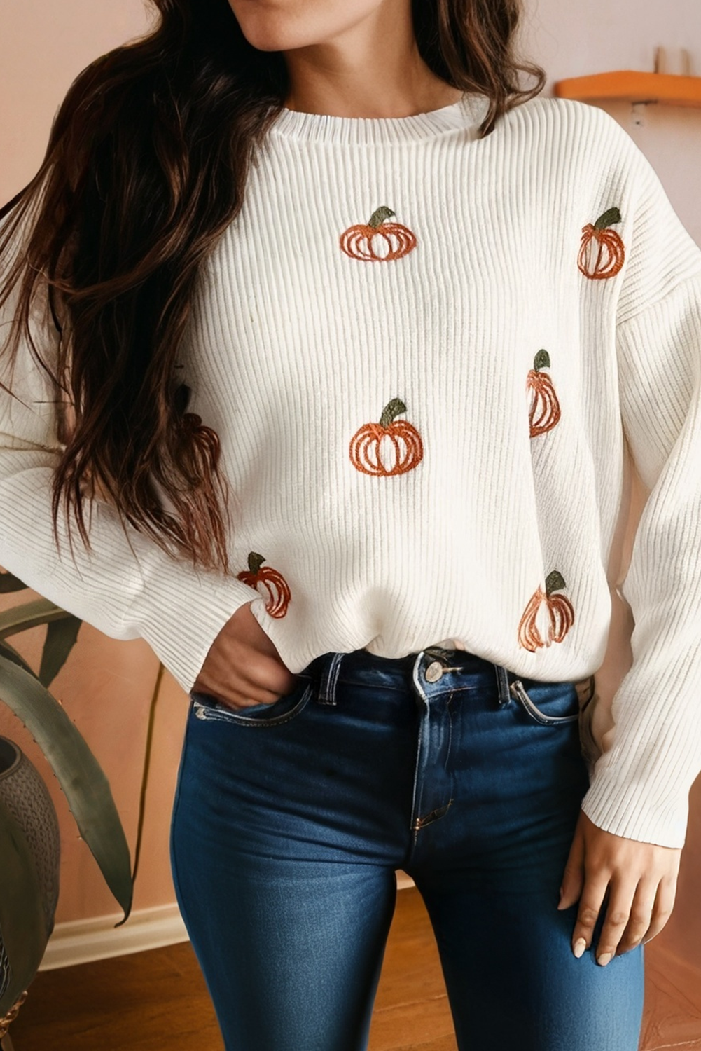 Pumpkin Embroidered Ribbed Sweater