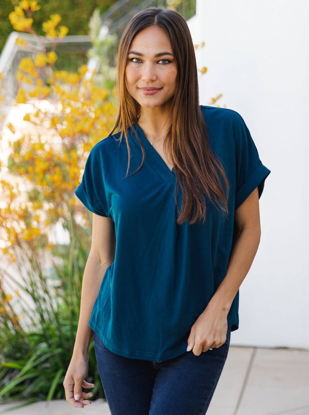 Solid V-neck Cuffed Sleeve Lisa Top