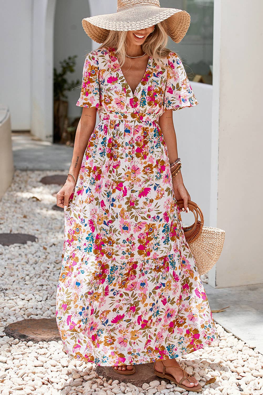 Floral Short Sleeve V Neck High Waist Maxi Dress