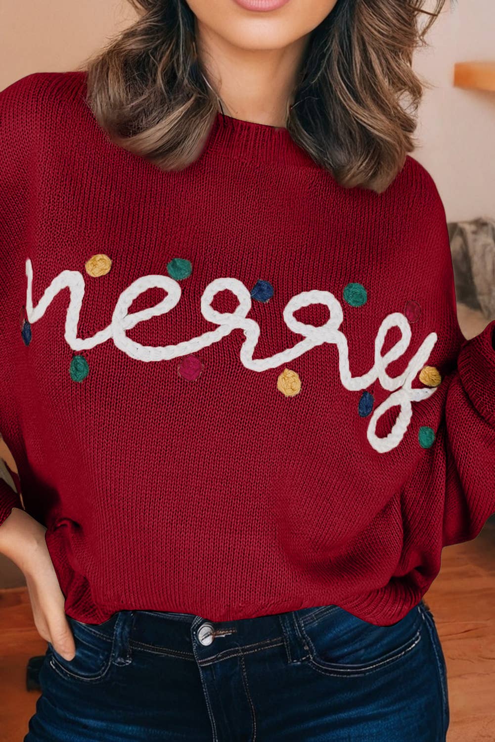 Merry Colorful Dot Detail Christmas Dolman Sweater