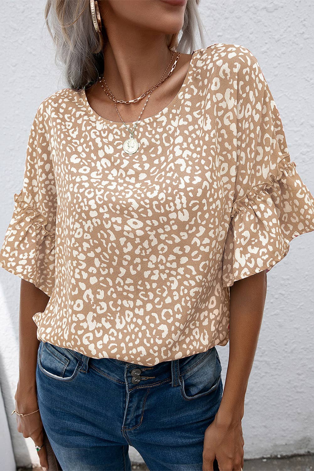 Pink Leopard Spotted Ruffle Sleeve Shirt