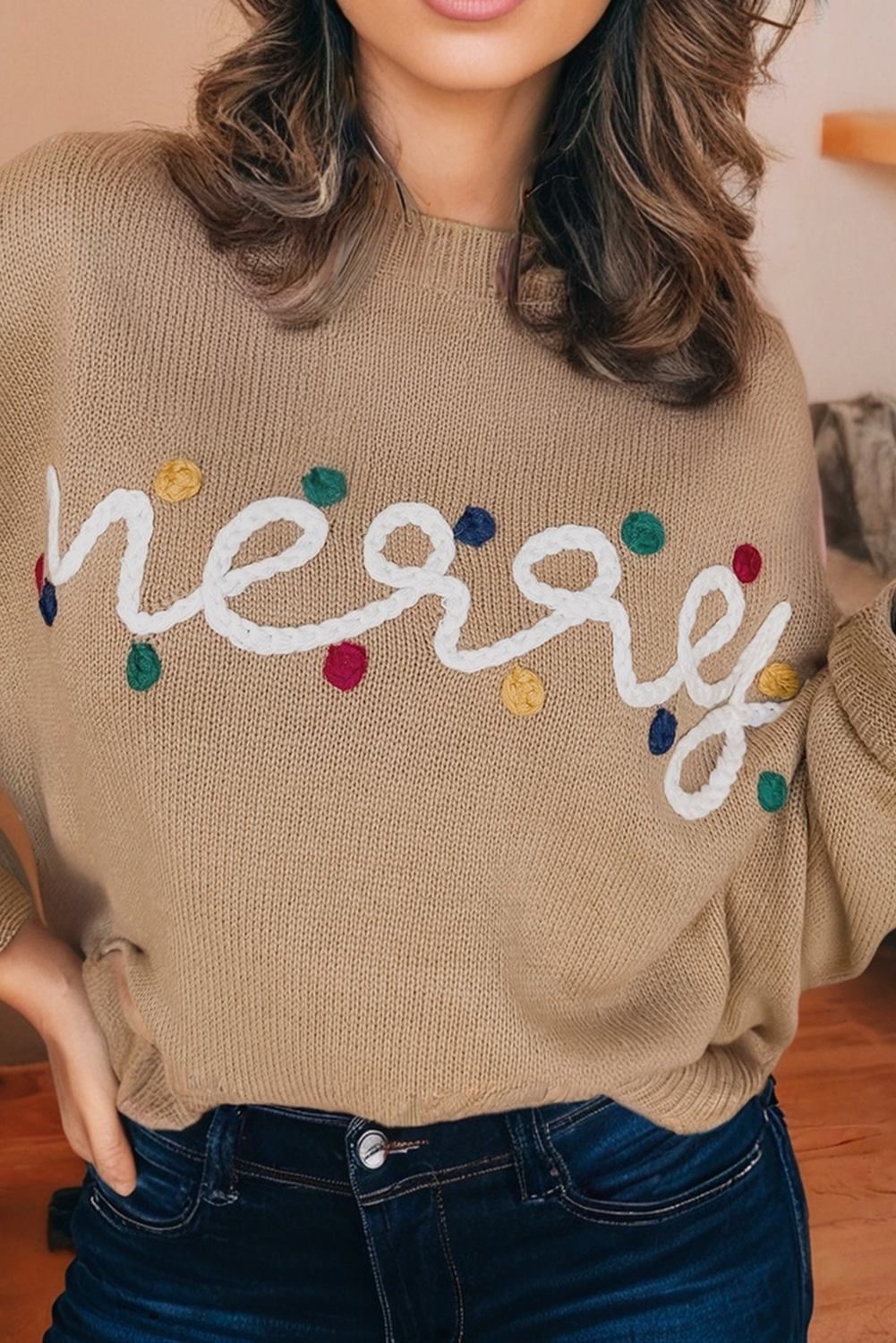 Merry Colorful Dot Detail Christmas Dolman Sweater