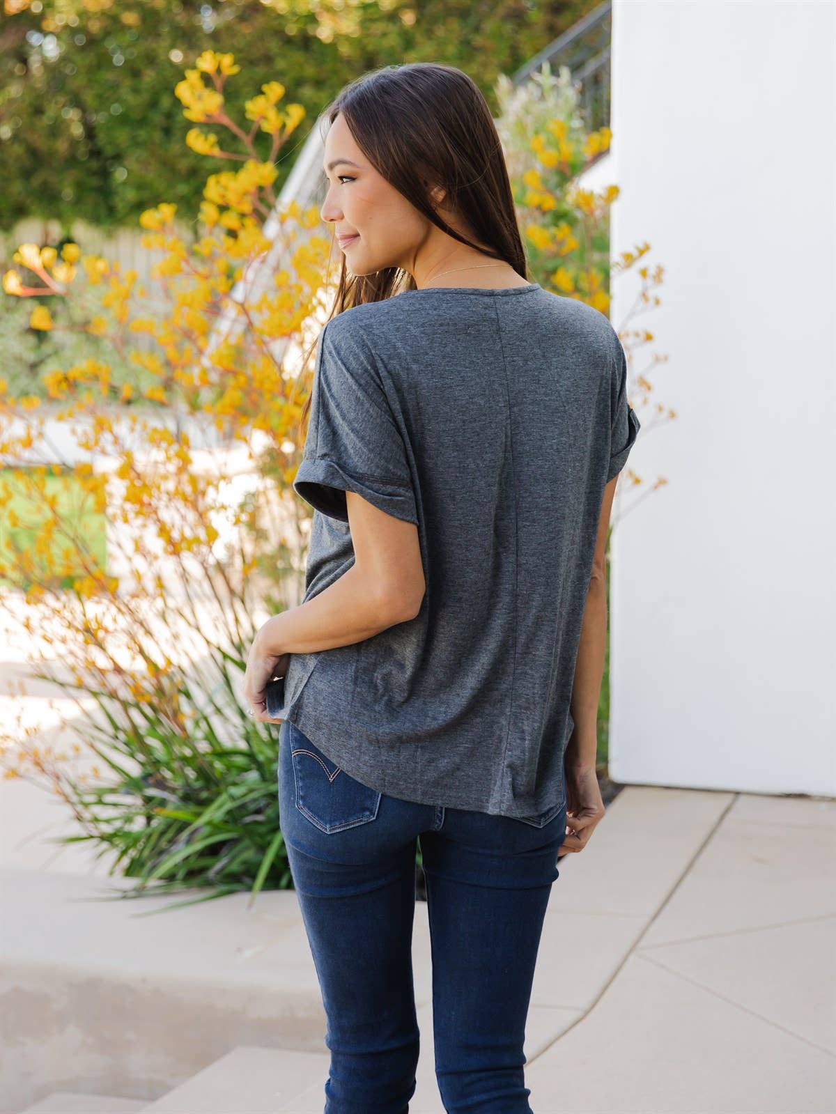 Solid V-neck Cuffed Sleeve Lisa Top