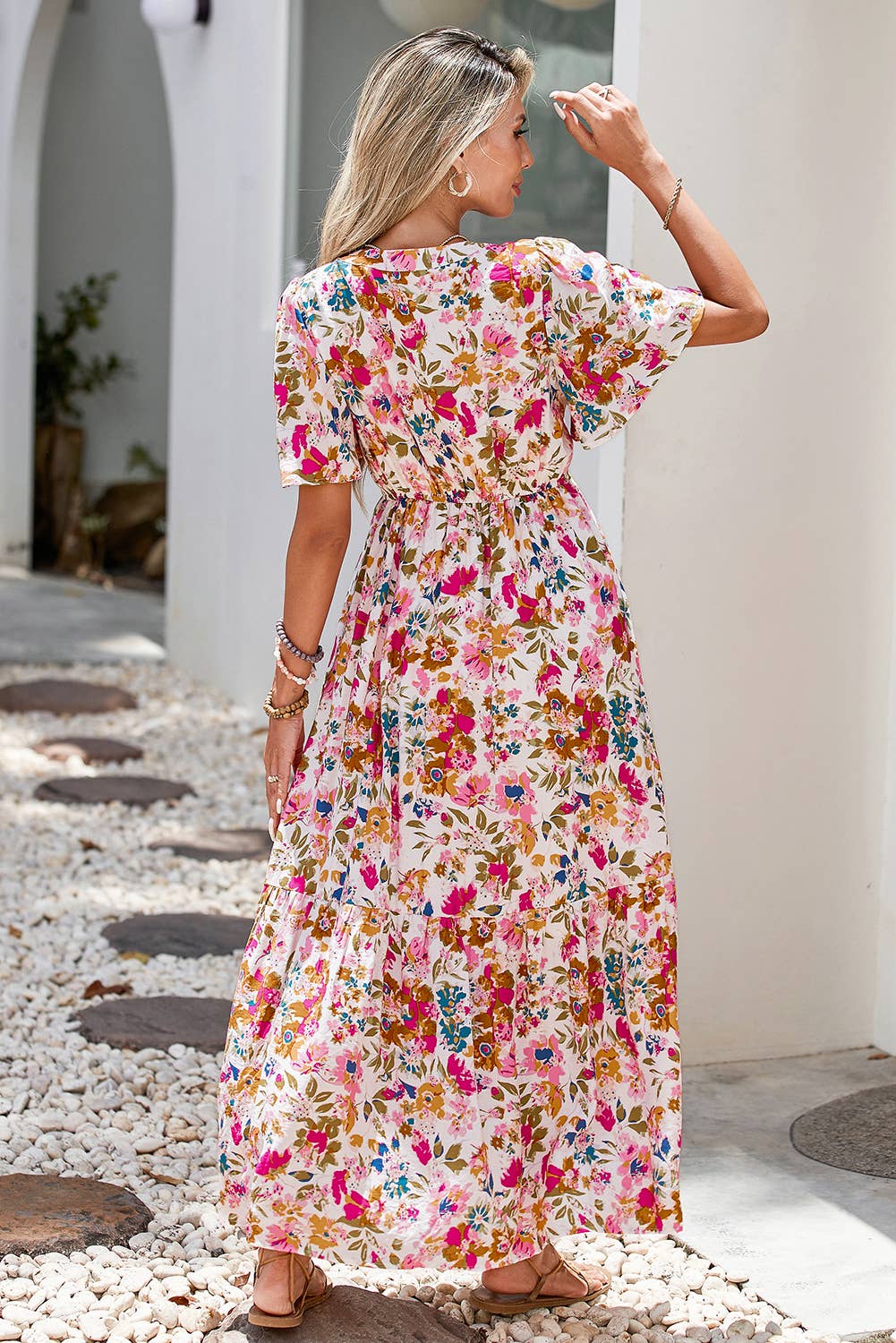 Floral Short Sleeve V Neck High Waist Maxi Dress