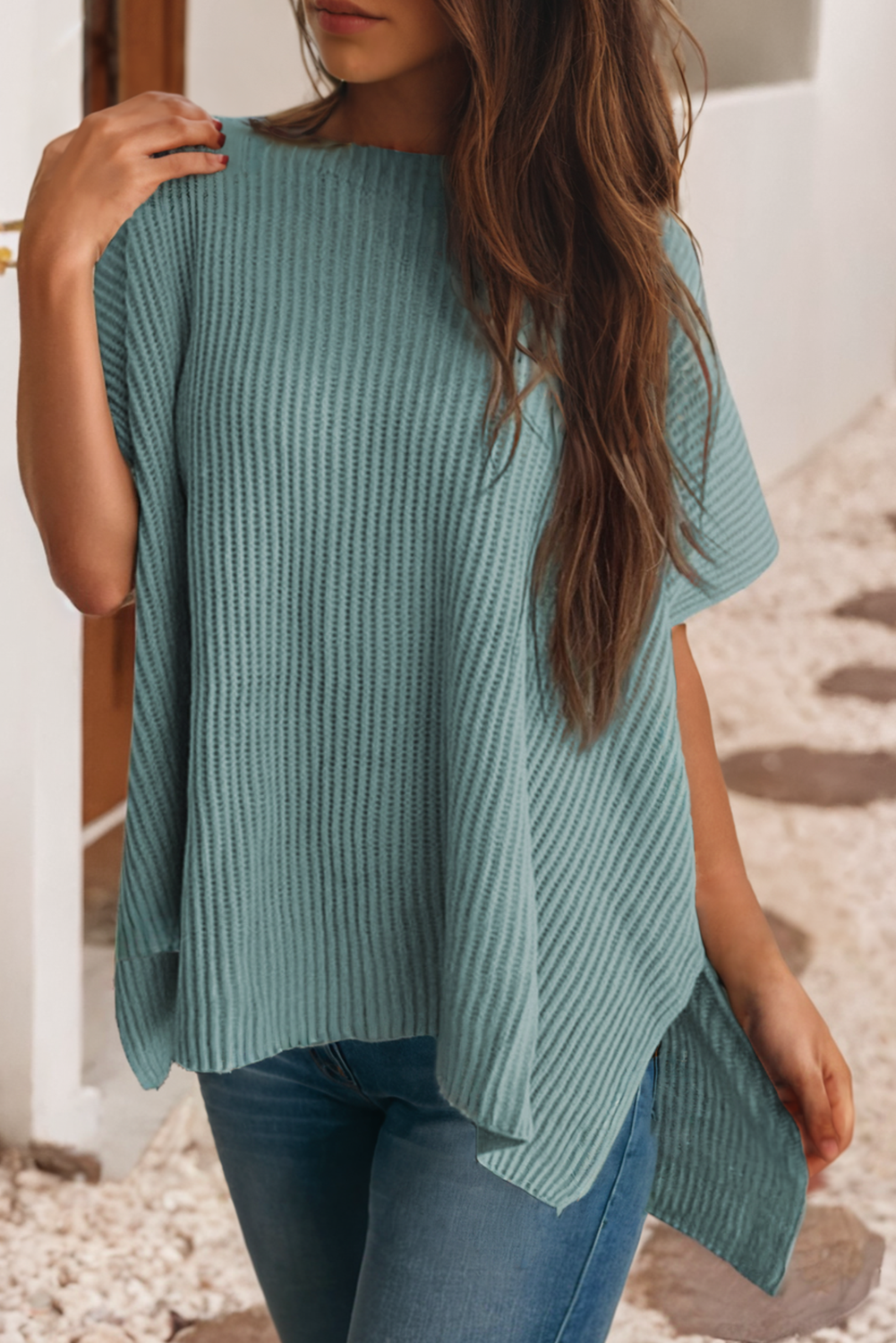 Short Sleeve Side Slit Oversized Sweater