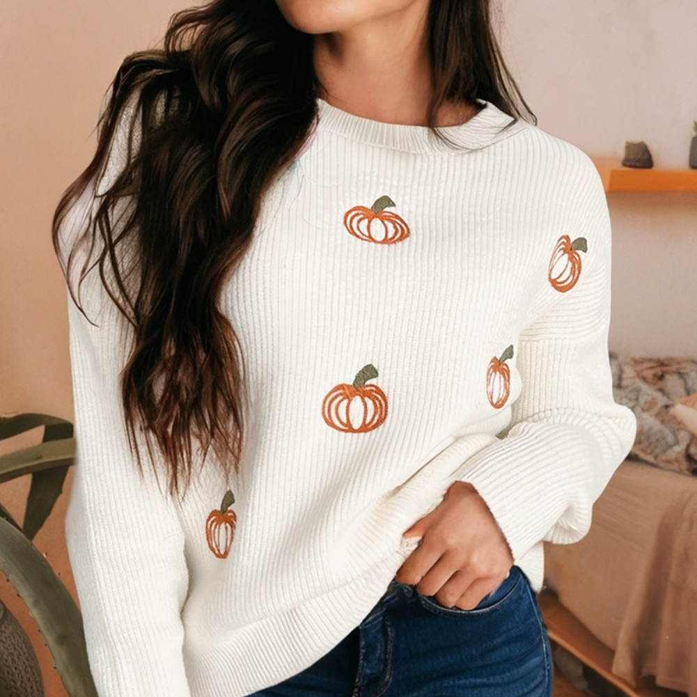 Pumpkin Embroidered Ribbed Sweater