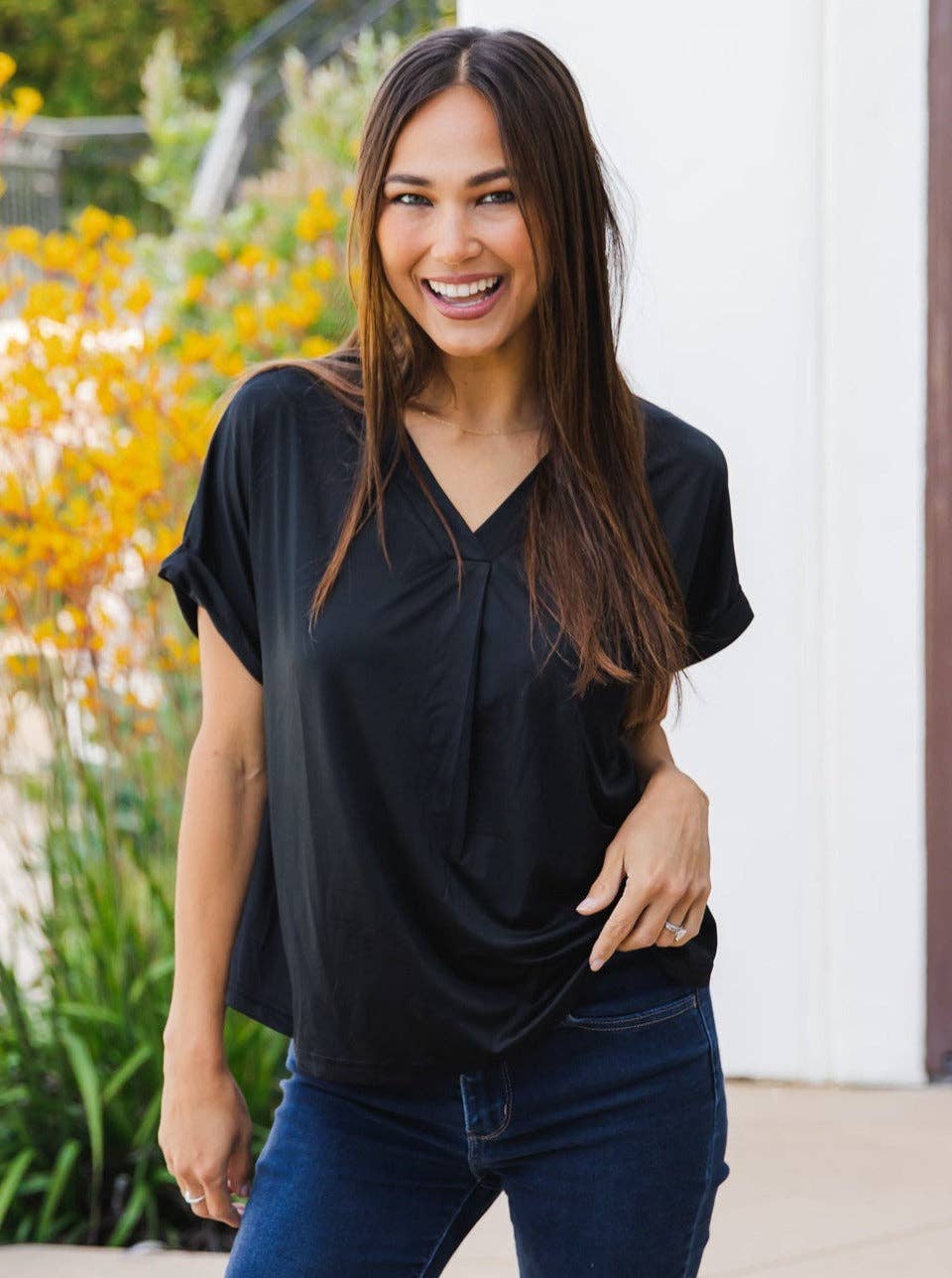 Solid V-neck Cuffed Sleeve Lisa Top