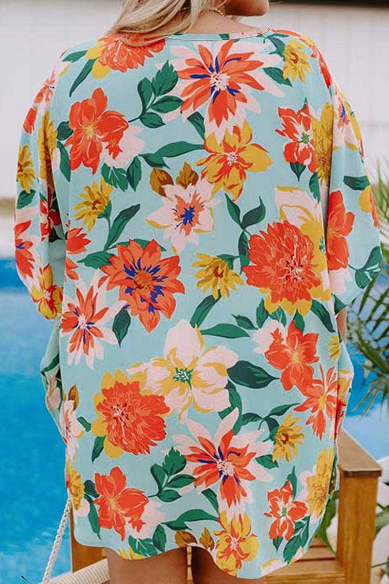 Plus Size Floral Print V Neck Batwing Sleeve Blouse