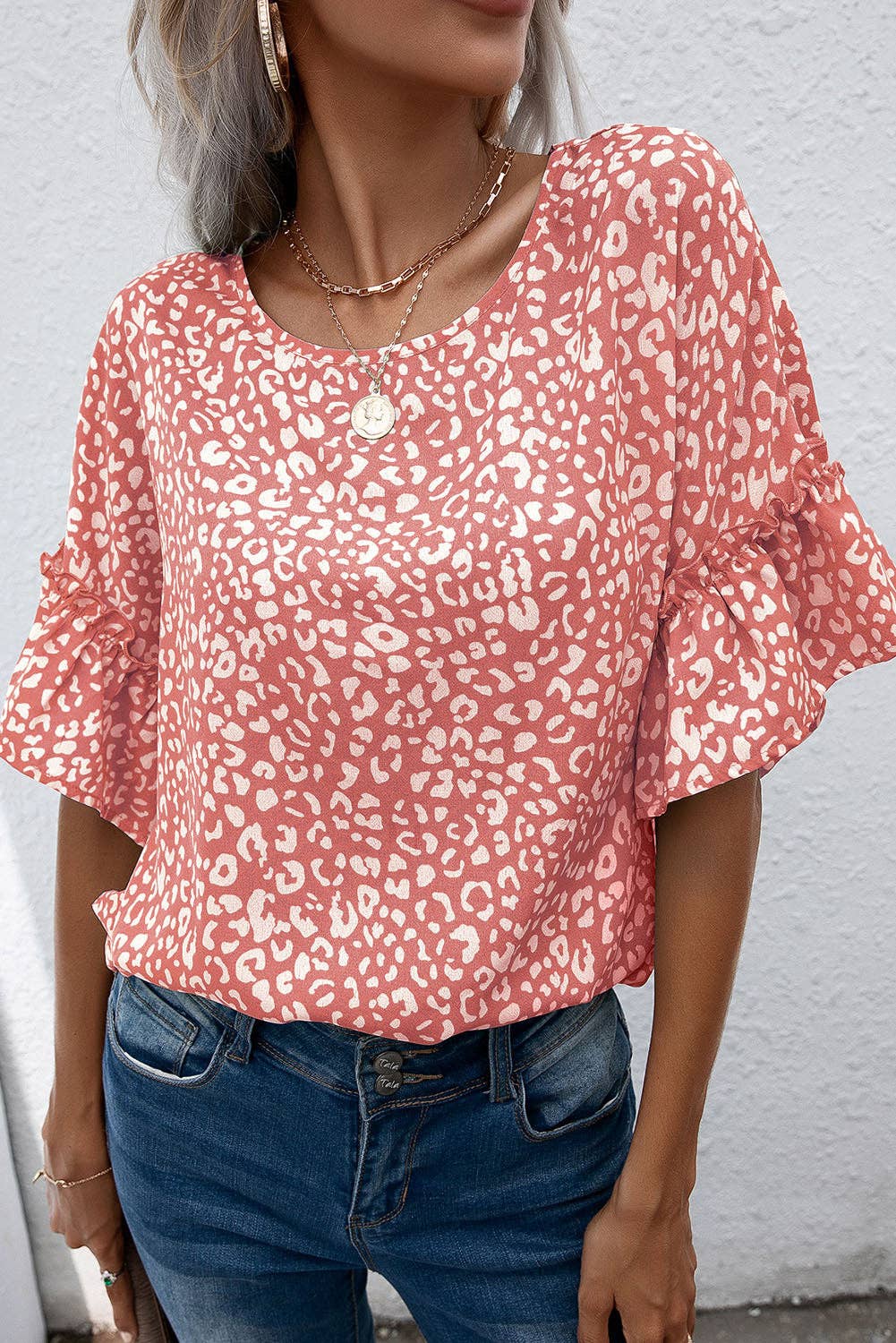 Pink Leopard Spotted Ruffle Sleeve Shirt