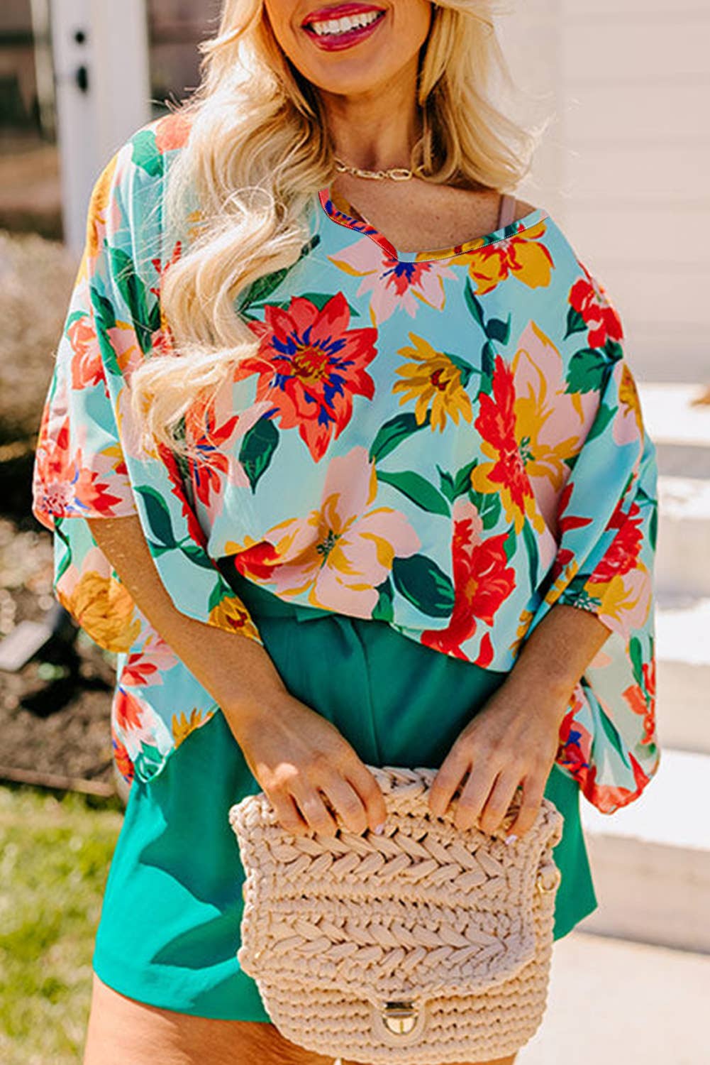 Plus Size Floral Print V Neck Batwing Sleeve Blouse