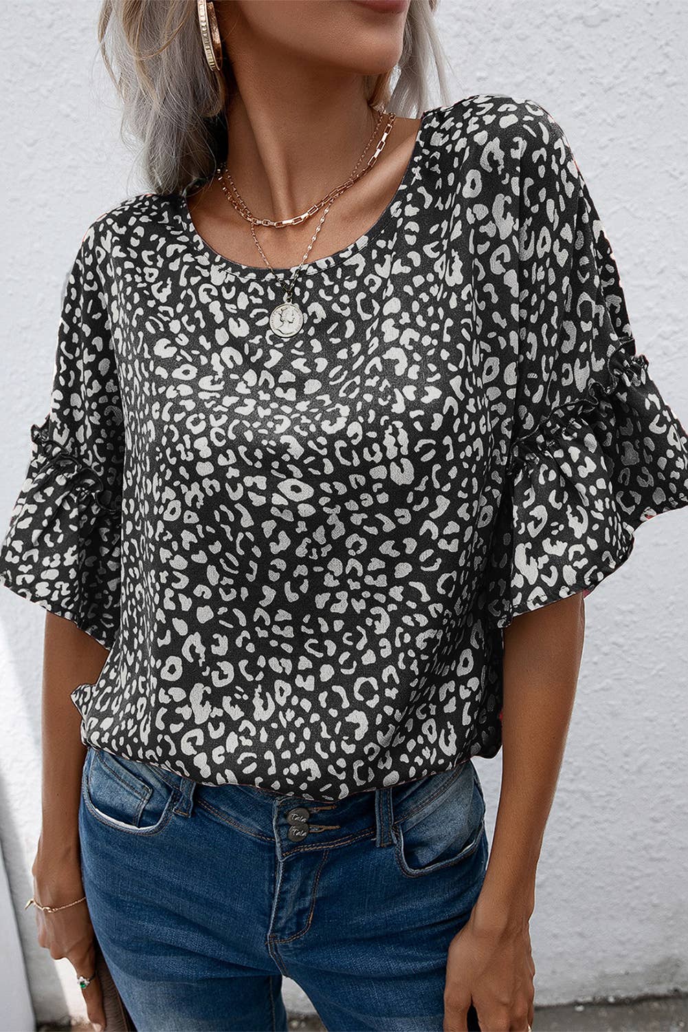 Pink Leopard Spotted Ruffle Sleeve Shirt