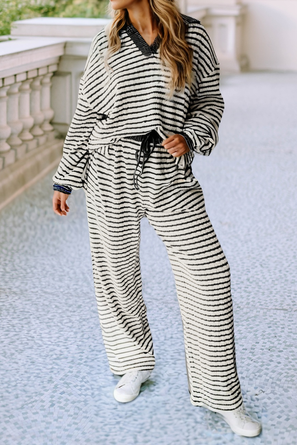 Stripe Collared Pullover Top and Drawstring Pant Set