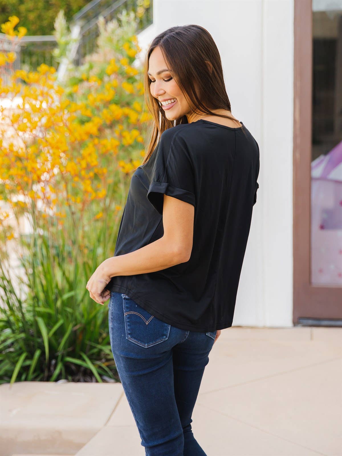 Solid V-neck Cuffed Sleeve Lisa Top