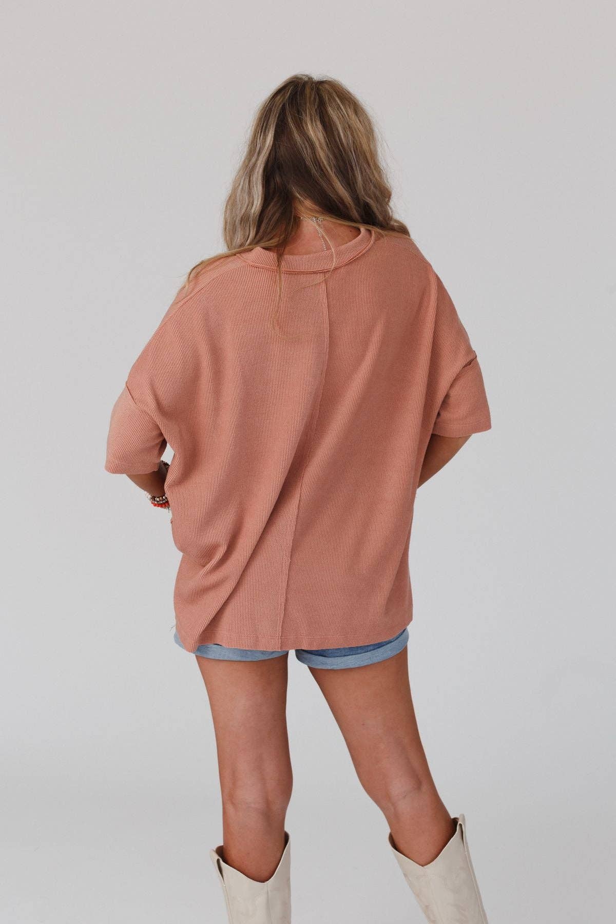 On The Go V Neck Ribbed Essential Tee - Sepia