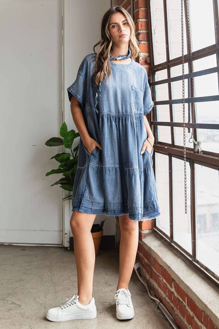 Washed Chambray Denim Oversized Tier Mini Dress