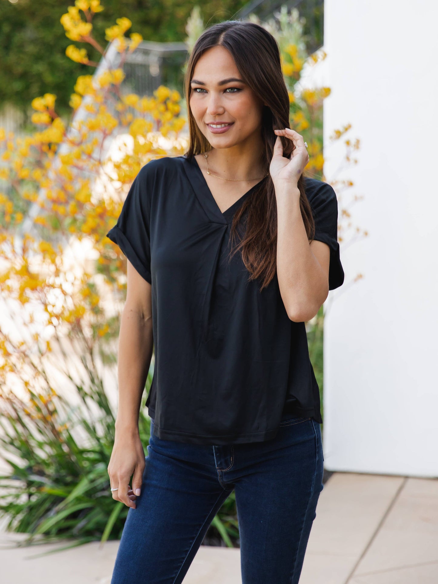 Solid V-neck Cuffed Sleeve Lisa Top