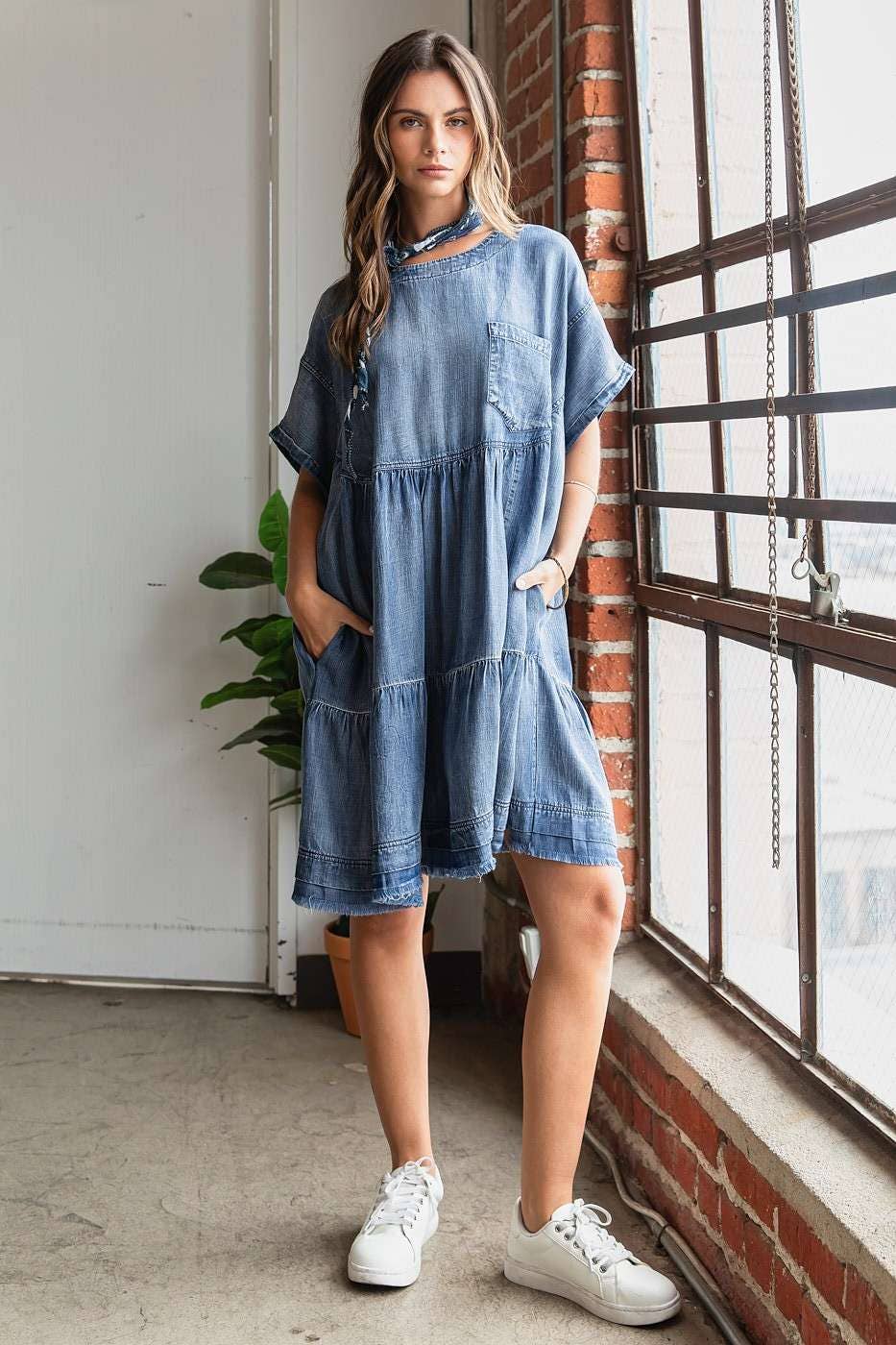 Washed Chambray Denim Oversized Tier Mini Dress