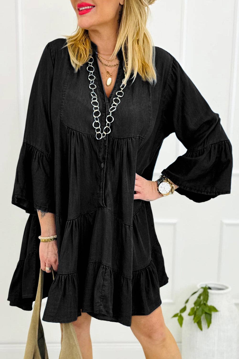 Chambray Ruffled 3/4 Sleeve Tiered Split V Neck Mini Dress