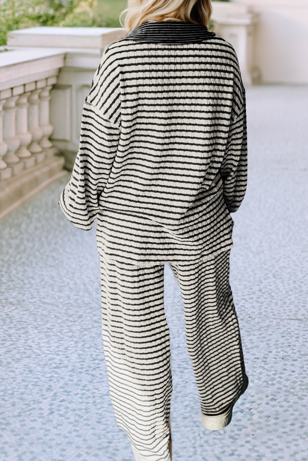 Stripe Collared Pullover Top and Drawstring Pant Set