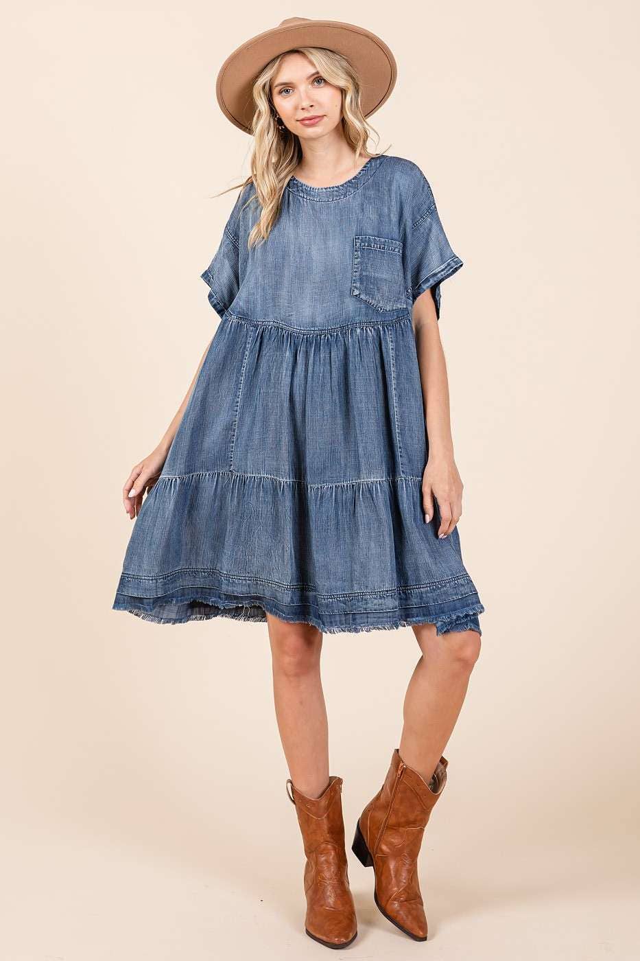 Washed Chambray Denim Oversized Tier Mini Dress