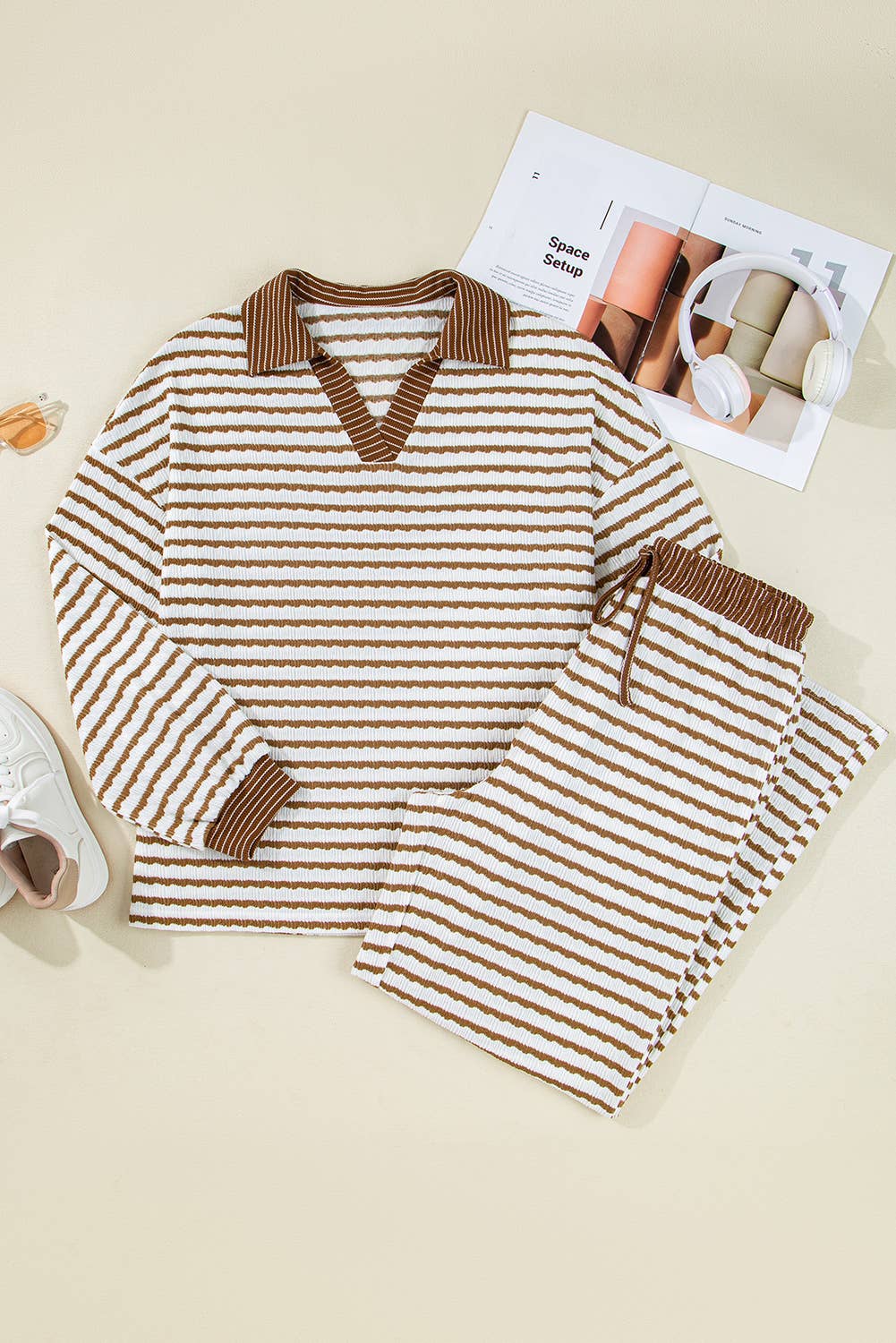 Stripe Collared Pullover Top and Drawstring Pant Set