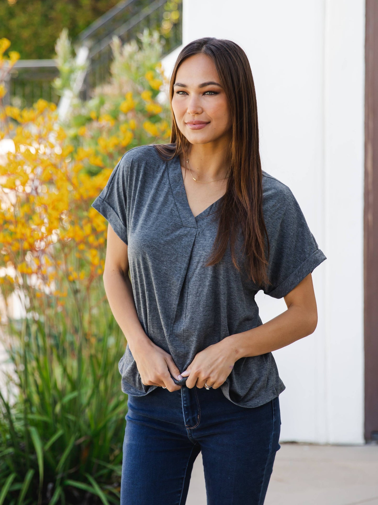 Solid V-neck Cuffed Sleeve Lisa Top