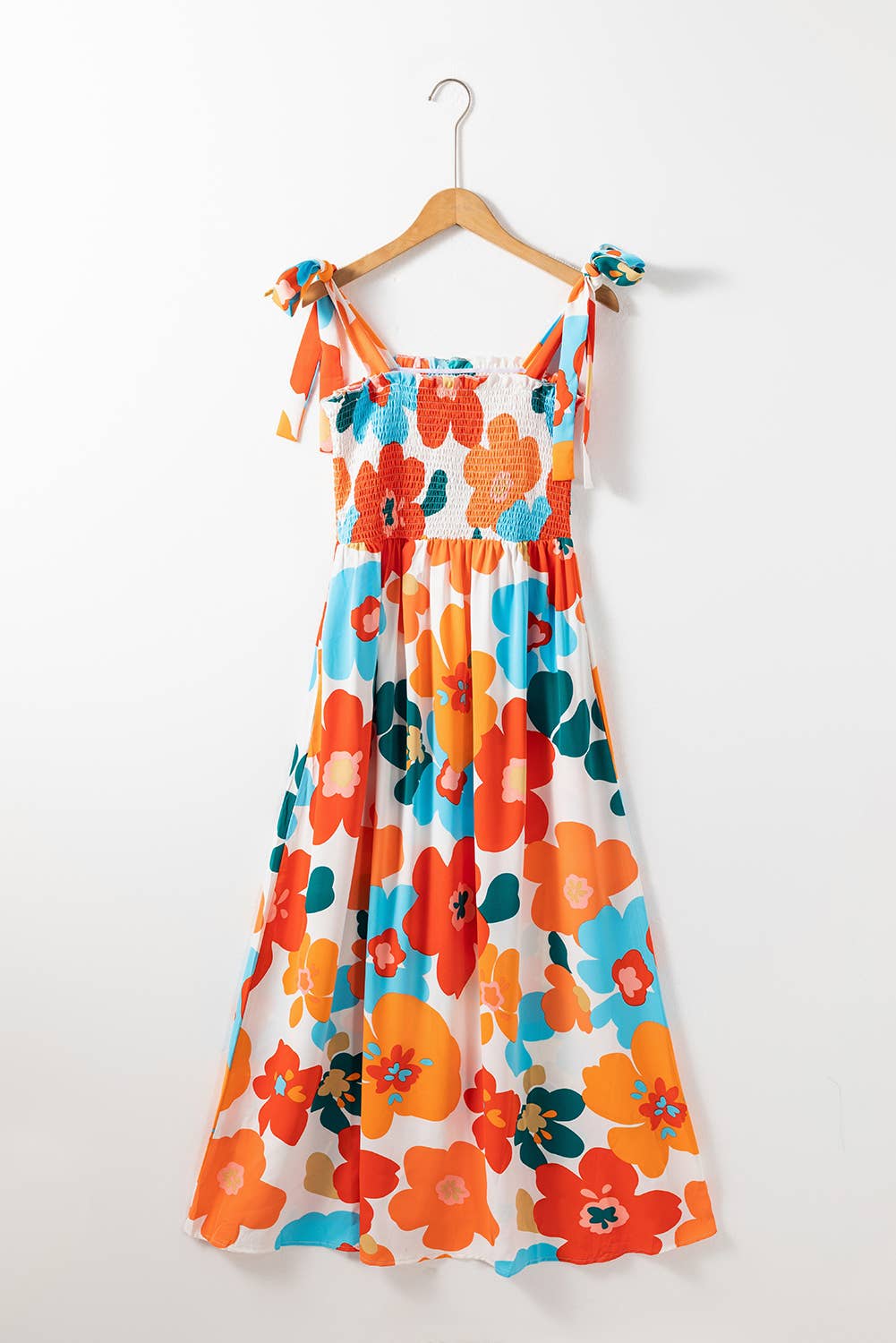 Floral Self Tied Straps Smocked Bust Maxi Dress