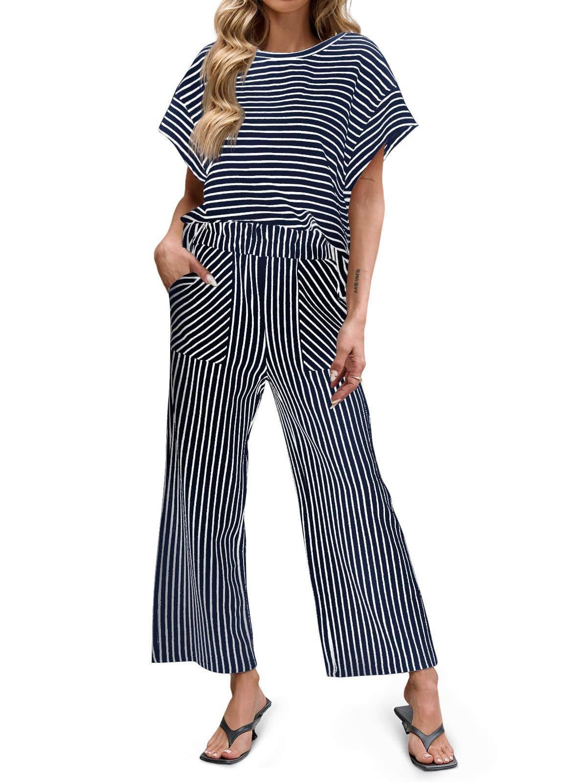 Striped Wide Leg Pants Set Casual Lounge Outfit