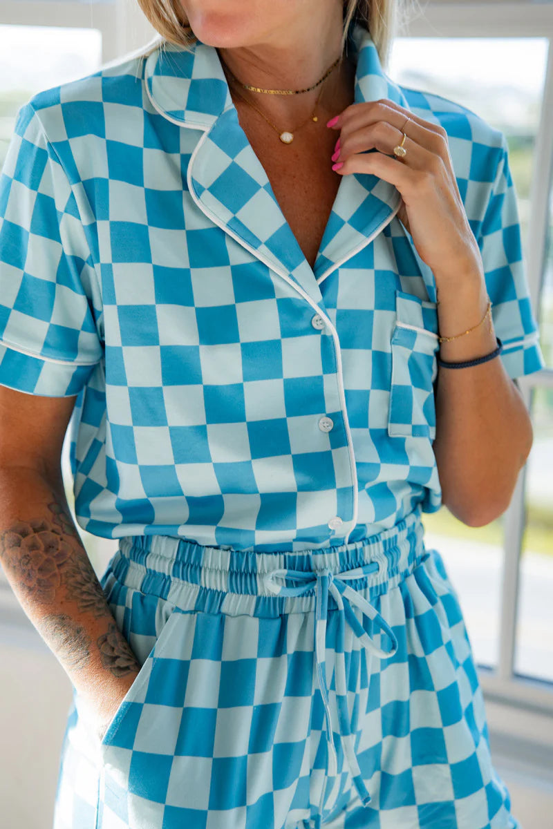 Teal Checker Pajama Short Set
