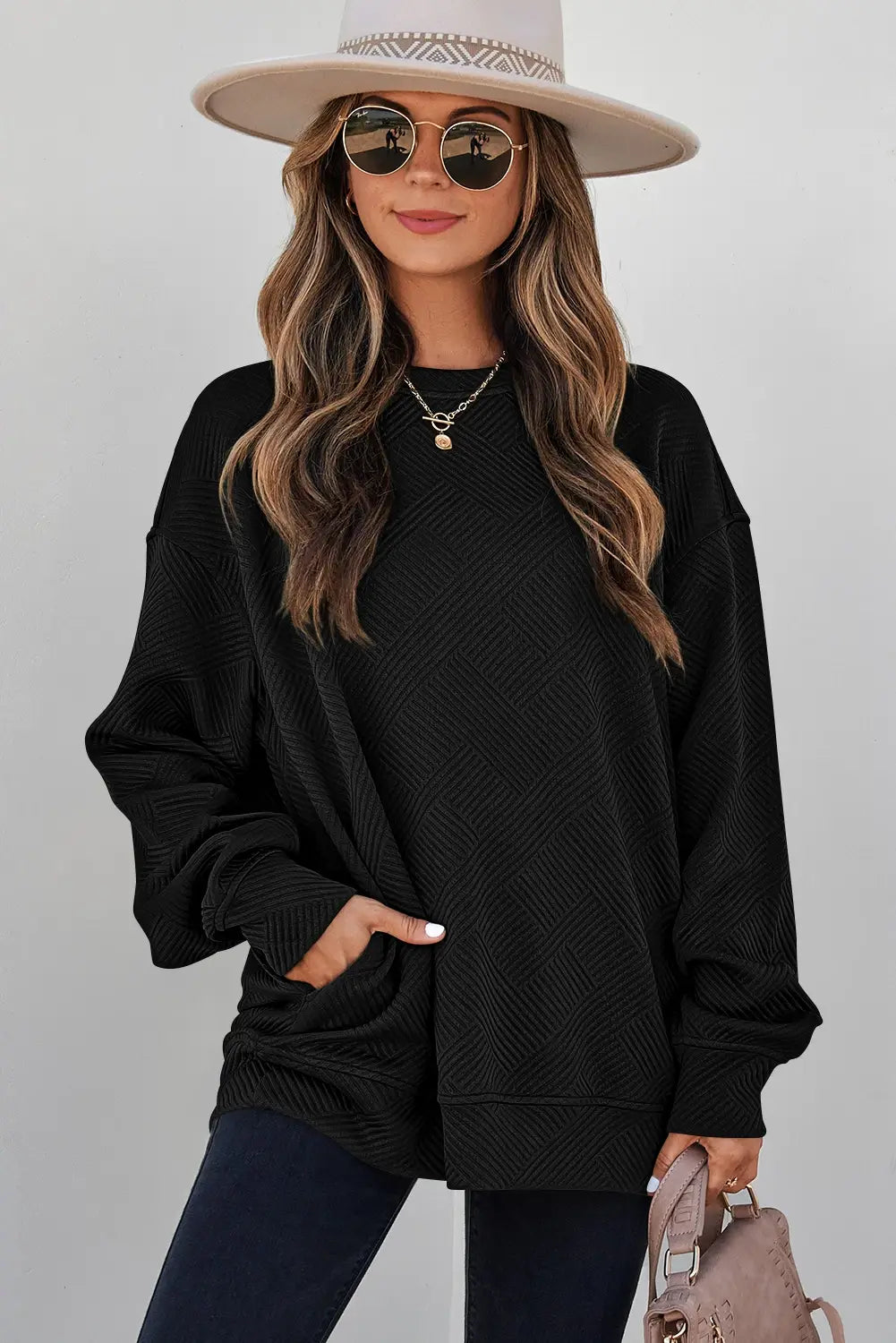 Solid Color Textured Round Neck Drop Shoulder Pullover Sweatshirt