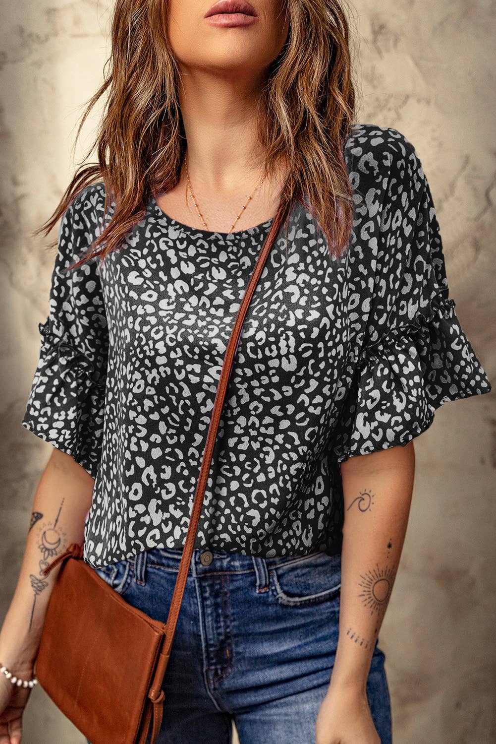 Pink Leopard Spotted Ruffle Sleeve Shirt