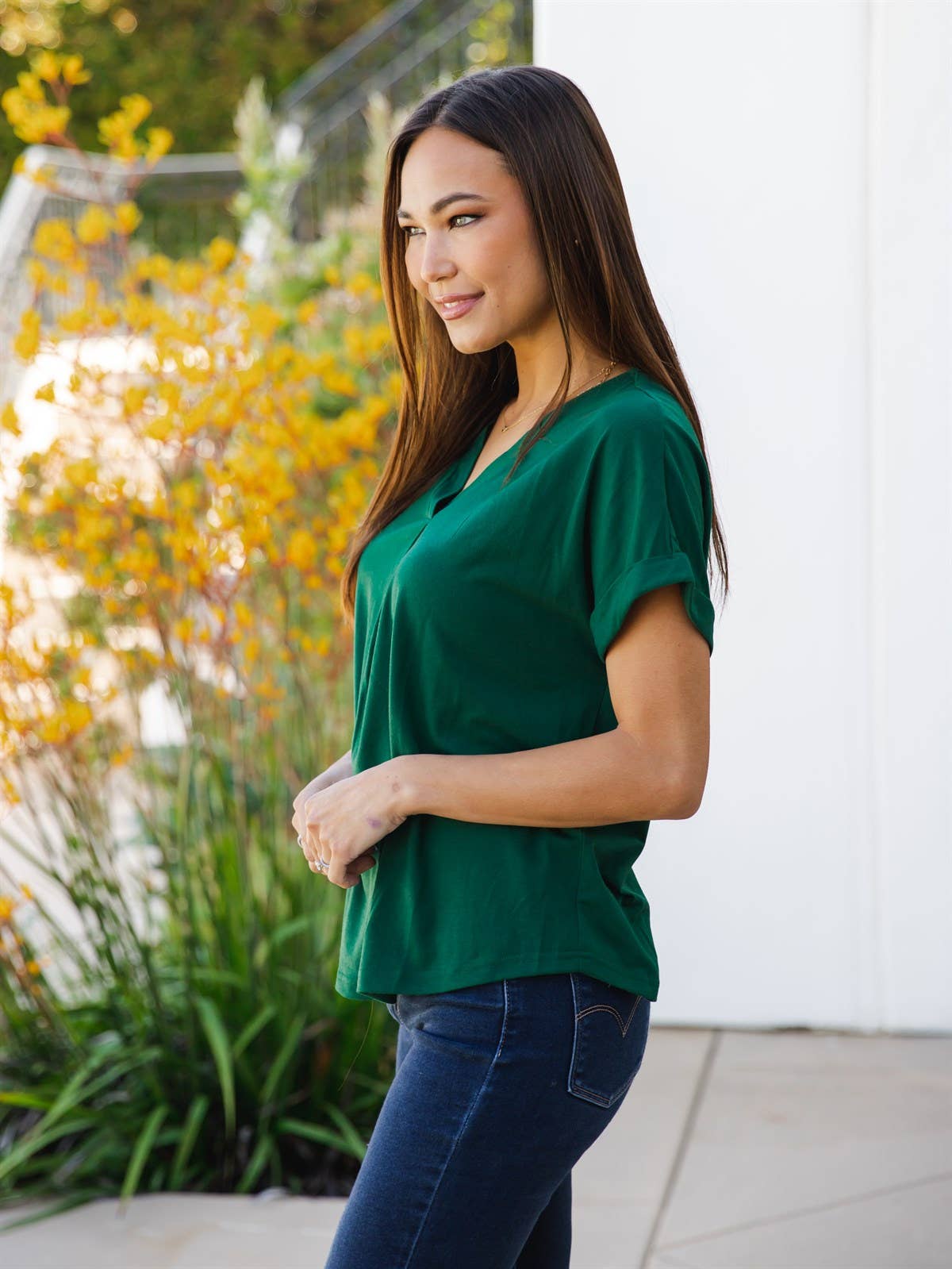 Solid V-neck Cuffed Sleeve Lisa Top