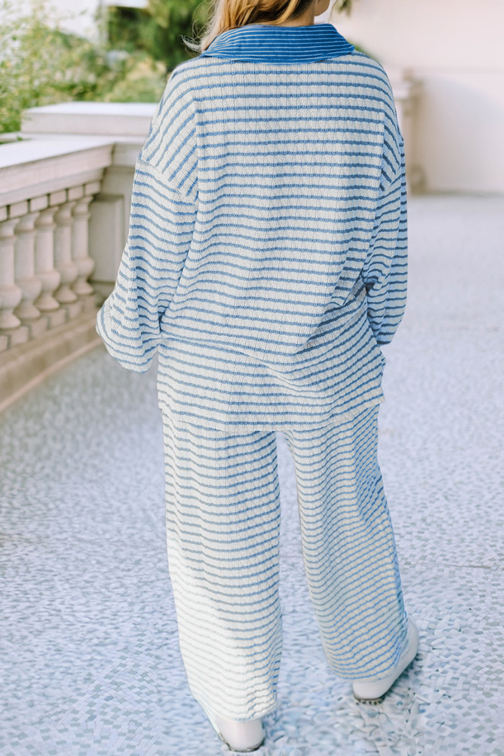 Stripe Collared Pullover Top and Drawstring Pant Set