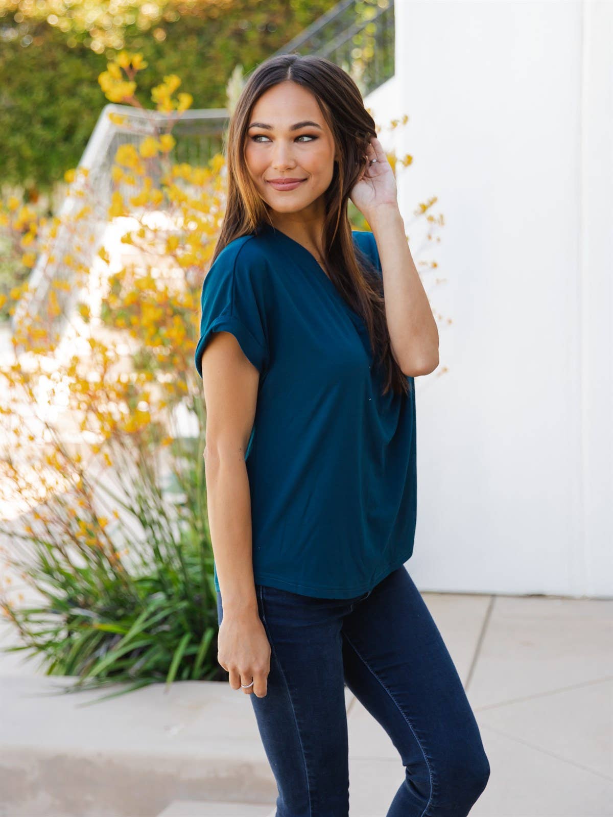 Solid V-neck Cuffed Sleeve Lisa Top