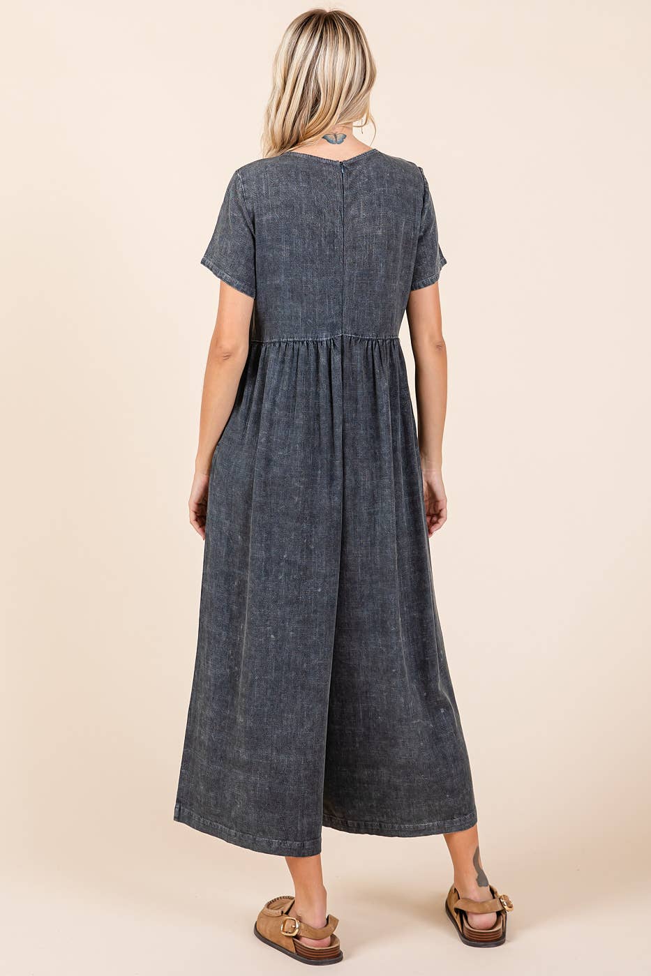 Mineral Wash Short Sleeve Flowy Wide Leg Jumpsuit