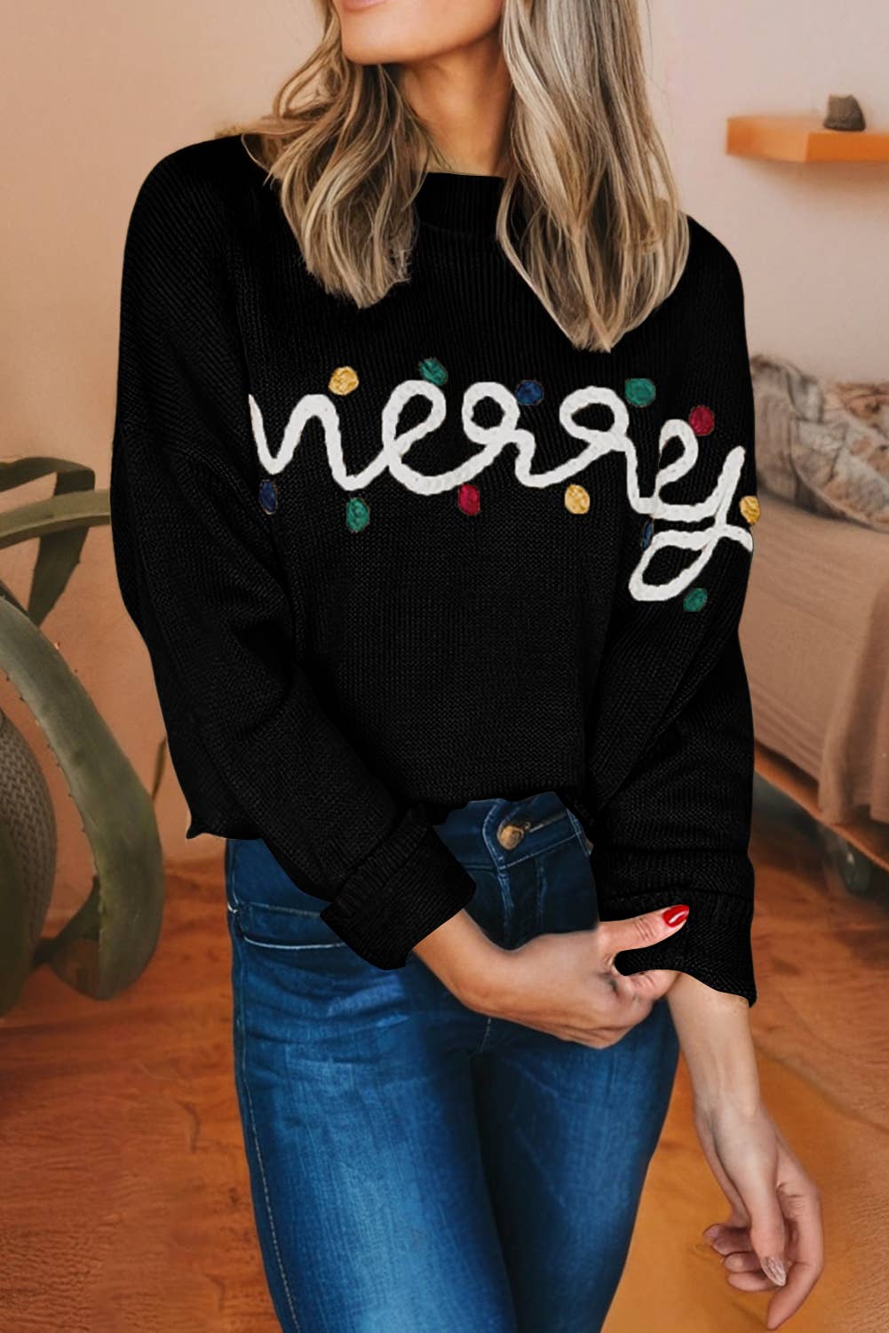 Merry Colorful Dot Detail Christmas Dolman Sweater