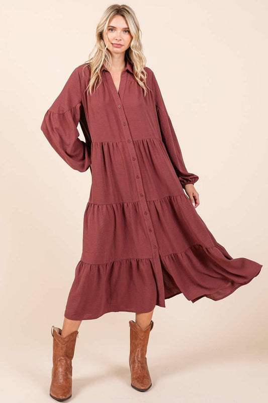 Airflow Tiered Button Down Long Sleeve Maxi Dress