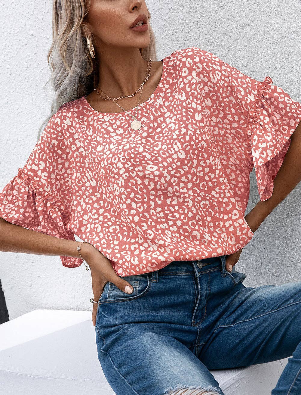 Pink Leopard Spotted Ruffle Sleeve Shirt