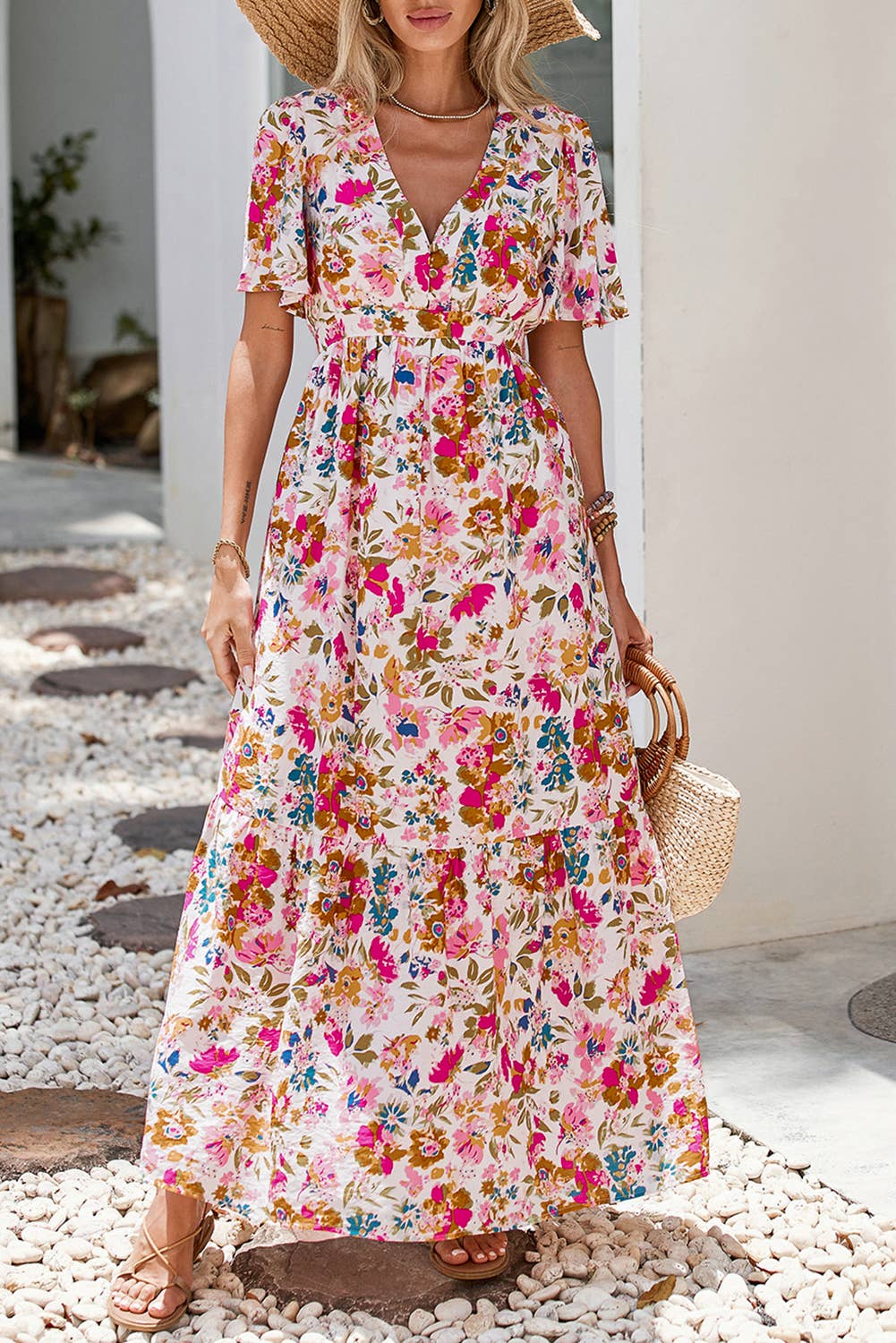 Floral Short Sleeve V Neck High Waist Maxi Dress