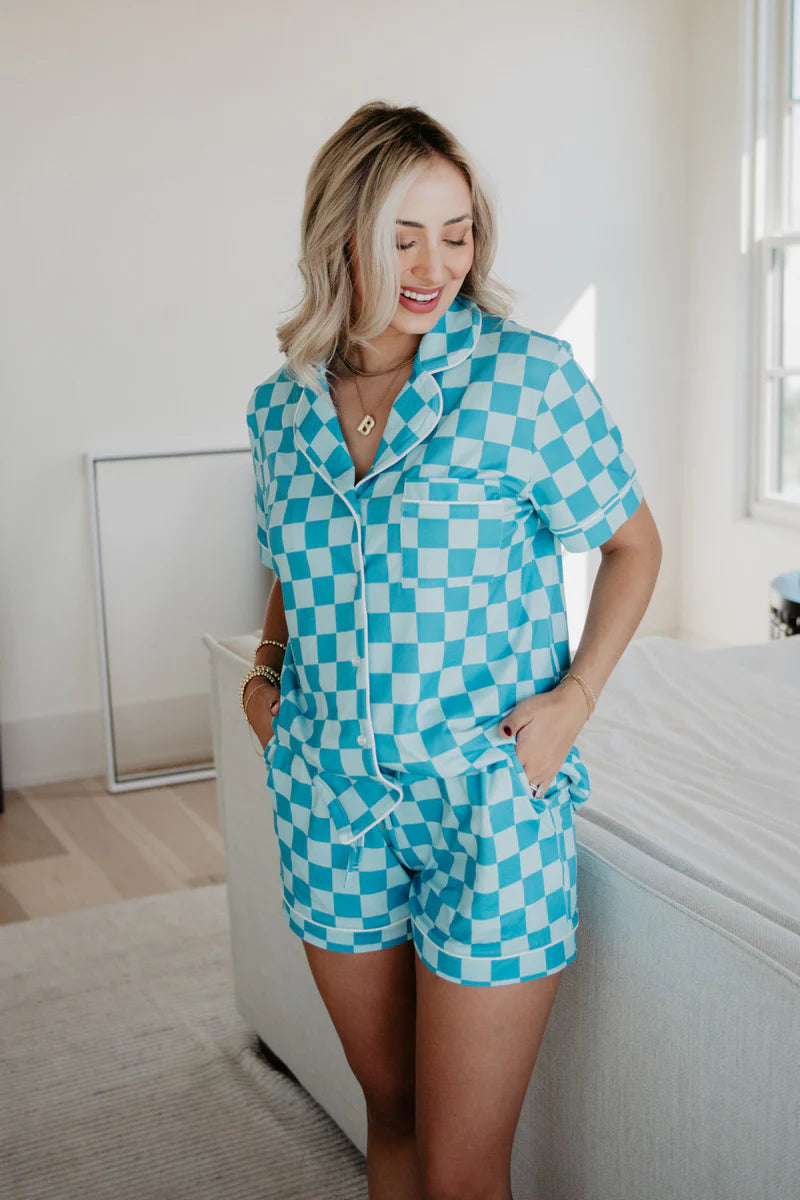 Teal Checker Pajama Short Set