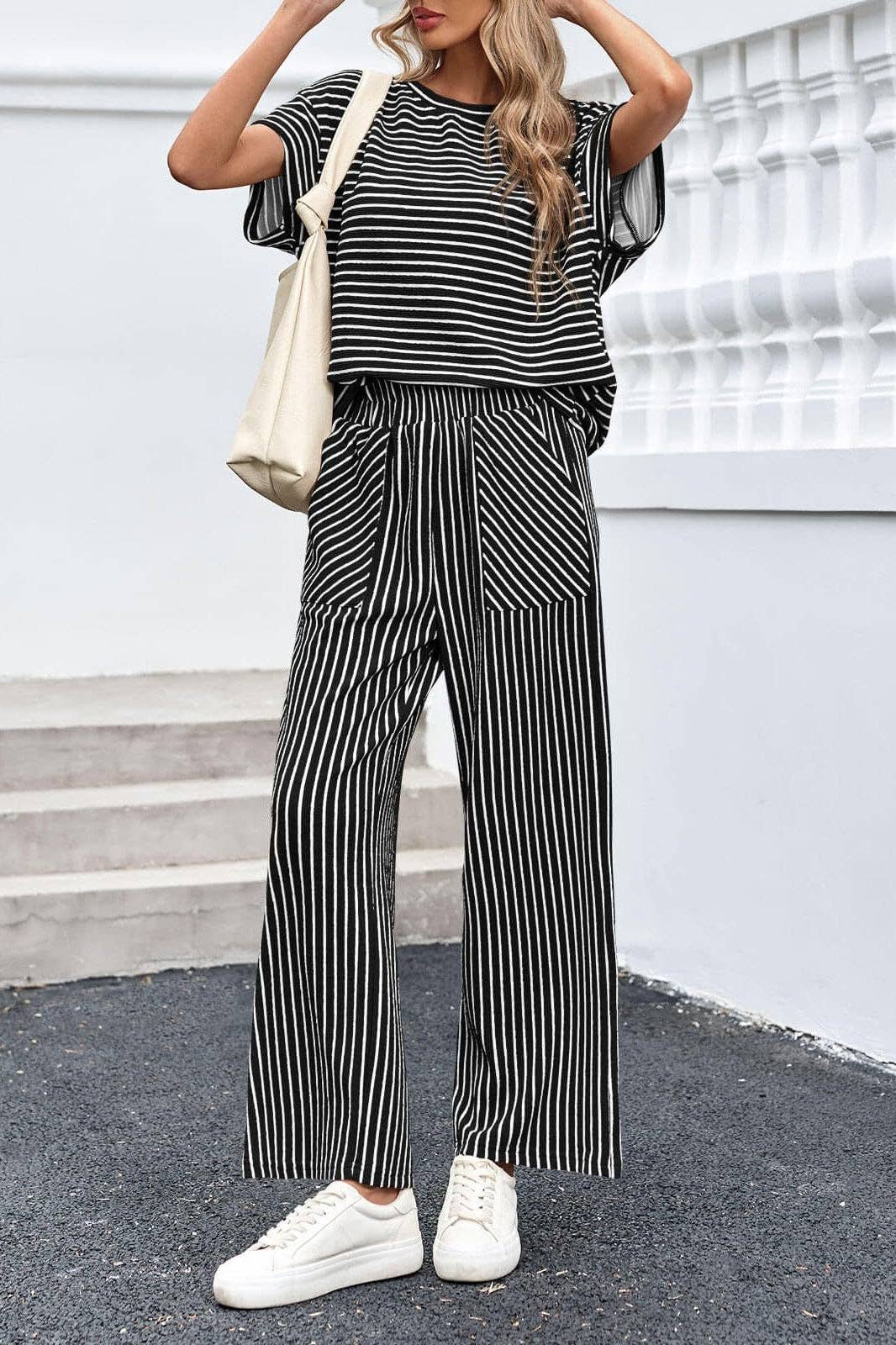 Striped Wide Leg Pants Set Casual Lounge Outfit