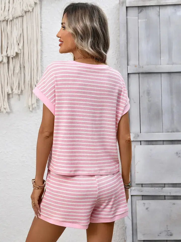 Striped Viscose Knit Two Piece Shorts Set Casual