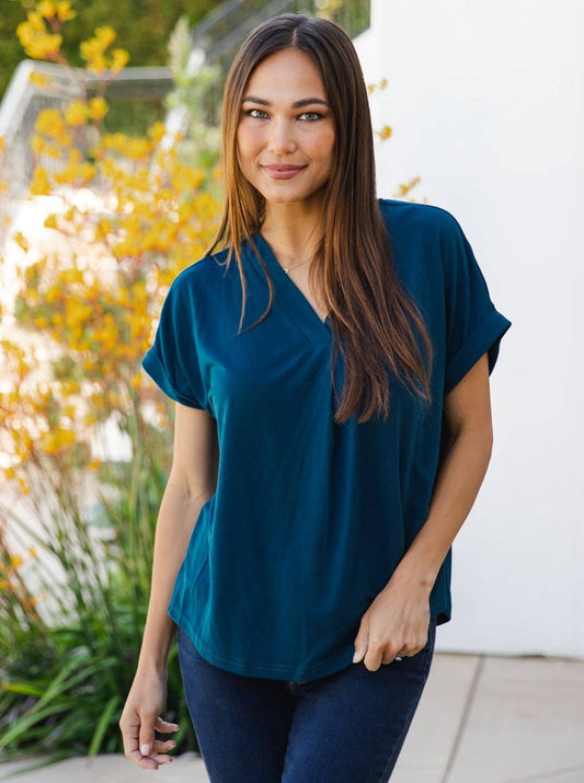 Solid V-neck Cuffed Sleeve Lisa Top