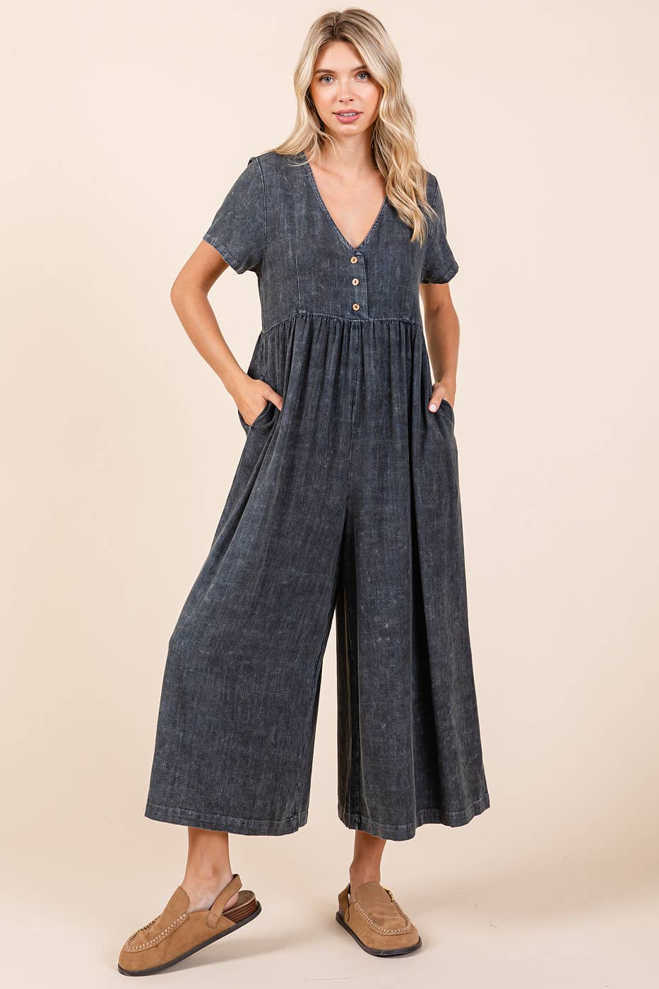 Mineral Wash Short Sleeve Flowy Wide Leg Jumpsuit