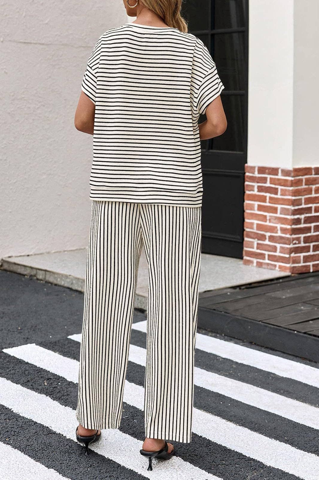 Striped Wide Leg Pants Set Casual Lounge Outfit