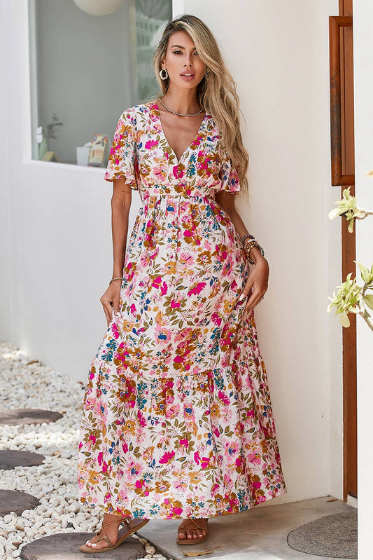 Floral Short Sleeve V Neck High Waist Maxi Dress