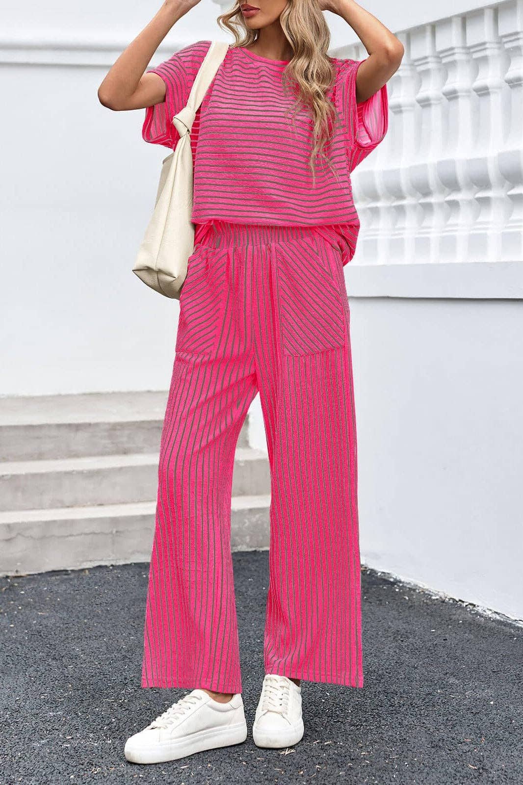 Striped Wide Leg Pants Set Casual Lounge Outfit