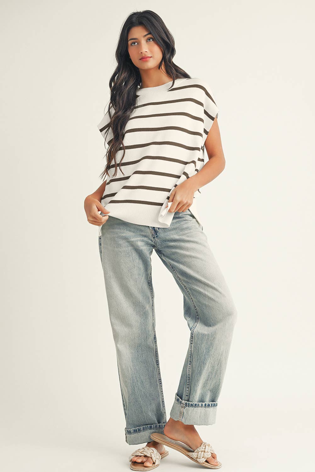 Stripe Side Slits Crewneck Short Sleeve Sweater Tee
