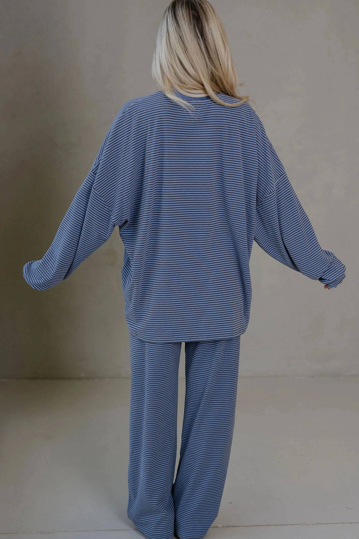 Blue Striped Drop Shoulder Long Sleeve Pant Set